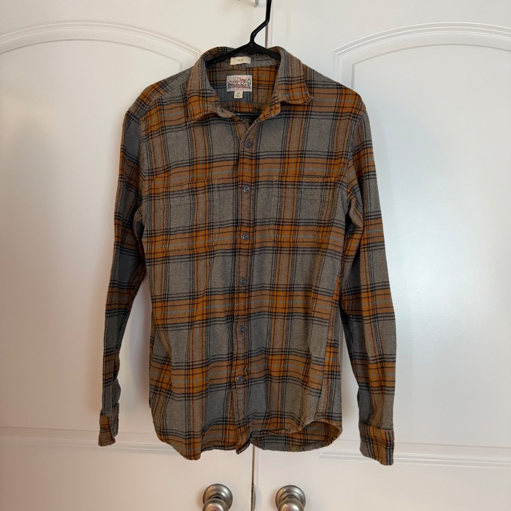 J.Crew Mens Midweight Flannel Shirt Slim Fit M Grey Orange Plaid Double Brushed